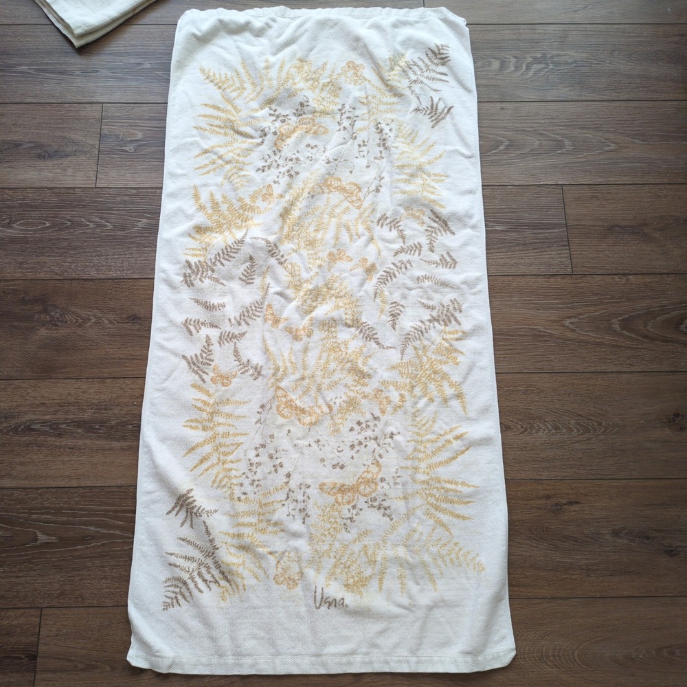 Vtg 70s Vera Neumann Bath Towels White Gold Butterfly Brown Fern MCM Set of 2 - Picture 5 of 9